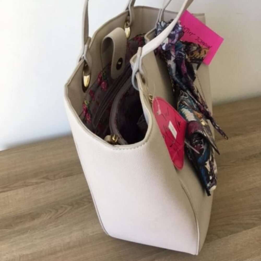 Betsey Johnson Cream Tote with Floral Scarf and Detachable Pouch - Picture 4 of 11